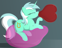 Size: 6768x5319 | Tagged: safe, artist:mizhisha, imported from derpibooru, lyra heartstrings, pony, unicorn, balloon, balloon riding, blowing up balloons, cute, eyes closed, female, gray background, heart balloon, inflating, lineless, lyrabetes, mare, requested art, simple background, solo, that pony sure does love balloons