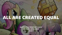 Size: 1280x720 | Tagged: safe, edit, editor:quoterific, idw, imported from derpibooru, fluttershy, spike, twilight sparkle, dragon, pegasus, pony, unicorn, my little pony micro-series, female, male, mare, open mouth, open smile, smiling, text, trio, unicorn twilight
