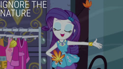 Size: 1280x720 | Tagged: safe, edit, edited screencap, editor:quoterific, imported from derpibooru, screencap, rarity, human, equestria girls, equestria girls series, street chic, spoiler:eqg series (season 2), bracelet, clothes, cutie mark on clothes, eyes closed, female, geode of shielding, hairpin, hand on hip, jewelry, magical geodes, open mouth, open smile, rarity peplum dress, smiling, solo, text