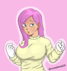 Size: 1916x2048 | Tagged: safe, artist:cursedone029, imported from derpibooru, fluttershy, human, breasts, busty fluttershy, clothes, eyebrows, eyebrows visible through hair, female, gloves, humanized, outline, pink background, signature, simple background, solo, sweater, sweatershy