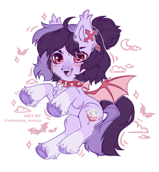 Size: 2400x2600 | Tagged: safe, artist:avroras_world, imported from derpibooru, oc, oc only, bat pony, pony, accessory, bat pony oc, chest fluff, collar, commission, ear fluff, female, fluffy, leg fluff, long tail, looking at you, mare, open mouth, open smile, short hair, simple background, smiling, solo, tail, white background, wings