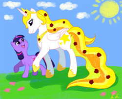 Size: 1115x907 | Tagged: safe, artist:c-puff, imported from derpibooru, twilight sparkle, oc, oc:yellowstar, alicorn, pony, unicorn, fanfic:the star in yellow, alicorn oc, horn, not celestia, wings, yellow, yellow hair