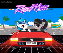 Size: 4128x3488 | Tagged: safe, artist:vinilyart, imported from derpibooru, dj pon-3, octavia melody, vinyl scratch, earth pony, pony, unicorn, alternate hairstyle, car, duo, ear piercing, earring, ferrari, glasses off, headband, high res, jewelry, looking back, makeup, missing accessory, music notes, no glasses, outrun, palm tree, piercing, tree