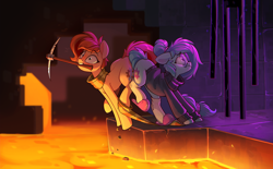 Size: 2472x1528 | Tagged: safe, artist:rexyseven, imported from derpibooru, oc, oc only, oc:rusty gears, oc:whispy slippers, earth pony, enderman, pony, accident, butt bump, butt to butt, butt touch, clothes, digital art, falling, female, glasses, imminent death, lava, mare, minecraft, mouth hold, open mouth, pickaxe, round glasses, scared, scarf, slippers, socks, striped scarf, striped socks, sweater, this will end in death