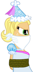 Size: 483x1010 | Tagged: safe, artist:robukun, imported from derpibooru, applejack, human, equestria girls, angry, bondage, bound and gagged, cloth gag, clothes, damsel in distress, dress, dressup, froufrou glittery lacy outfit, gag, glare, hat, hennin, jewelry, necklace, over the nose gag, princess, princess applejack, rope, rope bondage, ropes, simple background, solo, tied up, transparent background