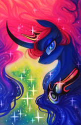 Size: 1600x2454 | Tagged: safe, artist:glitteronin, imported from derpibooru, princess luna, alicorn, pony, curved horn, female, horn, mare, solo, stars, traditional art, watercolor painting