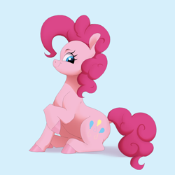 Size: 2784x2784 | Tagged: safe, artist:aquaticvibes, imported from derpibooru, pinkie pie, earth pony, pony, cute, female, looking back, mare, profile, raised hoof, sitting, smiling, solo