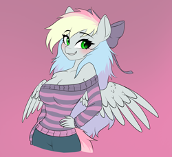 Size: 2049x1877 | Tagged: safe, artist:tomiku, imported from derpibooru, oc, oc only, oc:blazey sketch, anthro, pegasus, big breasts, blushing, bow, breasts, cleavage, clothes, female, green eyes, grey fur, hair bow, hand on hip, long hair, looking at you, multicolored hair, off shoulder, off shoulder sweater, pink background, shorts, simple background, smiling, smirk, solo, sweater