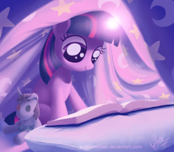 Size: 1440x1260 | Tagged: safe, artist:joellethenose, imported from derpibooru, smarty pants, twilight sparkle, pony, unicorn, 2014, blanket, book, bookhorse, cute, female, filly, filly twilight sparkle, foal, glowing, glowing horn, horn, old art, pillow, plushie, reading, signature, sitting, solo, twiabetes, unicorn twilight, younger