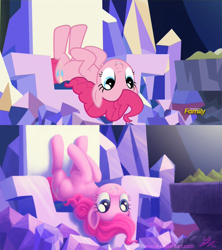 Size: 1000x1125 | Tagged: safe, artist:joellethenose, edit, edited screencap, imported from derpibooru, screencap, pinkie pie, earth pony, pony, the lost treasure of griffonstone, 2015, comparison, cute, discovery family, discovery family logo, female, grin, logo, mare, old art, redraw, scene interpretation, signature, smiling, solo, twilight's castle, upside down