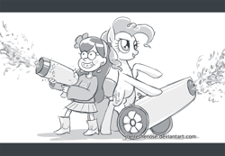 Size: 1500x1038 | Tagged: safe, artist:joellethenose, imported from derpibooru, pinkie pie, earth pony, human, pony, 2015, bipedal, crossover, female, gravity falls, grayscale, grin, mabel pines, mare, monochrome, old art, party cannon, raised hoof, smiling, standing, weapon