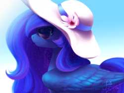 Size: 1920x1440 | Tagged: safe, artist:joellethenose, imported from derpibooru, princess luna, alicorn, pony, 2016, cute, ethereal mane, female, flower, hat, lunabetes, mare, missing accessory, old art, outdoors, signature, solo, starry mane, sun hat, sunglasses