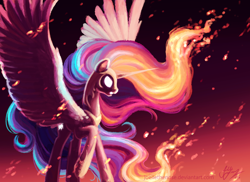 Size: 1980x1440 | Tagged: safe, artist:joellethenose, imported from derpibooru, nightmare star, princess celestia, alicorn, pony, 2016, angry, female, fire, glowing, glowing eyes, mare, old art, profile, raised hoof, signature, solo, spread wings, standing, white eyes, wings