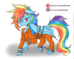 Size: 1700x1363 | Tagged: safe, artist:liechisenshi, imported from derpibooru, rainbow dash, pegasus, pony, bound wings, chains, clothes, commission, commissioner:rainbowdash69, cuffed, cuffs, prison outfit, prisoner rd, shackles, shirt, solo, undershirt, unshorn fetlocks, wings