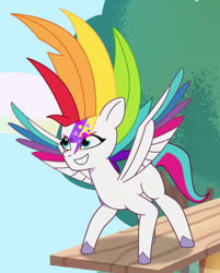 Size: 514x640 | Tagged: safe, imported from derpibooru, screencap, zipp storm, pegasus, pony, spoiler:g5, spoiler:my little pony: tell your tale, spoiler:tyts01e22, alternate hairstyle, cropped, female, g5, grin, mare, multicolored hair, my little pony: tell your tale, rainbow hair, smiling, solo, spread wings, wings, zipp's yes day