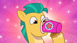 Size: 3410x1920 | Tagged: safe, imported from derpibooru, screencap, hitch trailblazer, earth pony, pony, spoiler:g5, spoiler:my little pony: tell your tale, spoiler:tyts01e22, chugging, coat markings, drink, drinking, g5, high res, male, my little pony: tell your tale, smoothie, socks (coat markings), solo, stallion, stars, youtube link, zipp's yes day