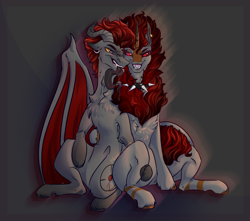 Size: 3396x3000 | Tagged: safe, artist:lewdest noodle, imported from derpibooru, oc, oc only, oc:brick, oc:red lust, demon, demon pony, kirin, choker, ear piercing, earring, folded wings, hooves, horn, hug, jewelry, lipstick, long tongue, makeup, male, piercing, thighs, tongue out, wings