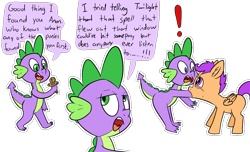 Size: 1778x1080 | Tagged: safe, artist:happy harvey, imported from derpibooru, scootaloo, spike, oc, oc:anon, dragon, pegasus, pony, age difference, child, comic, cookie, dialogue, ear fluff, exclamation point, eyeroll, female, filly, filly pred, foal, food, food transformation, gingerbread (food), gingerbread man, living object, looking at each other, looking at someone, micro, mouth hold, phone drawing, pinpoint eyes, scootapred, simple background, size difference, stealing, transformation, transparent background, vore