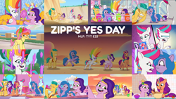 Size: 1978x1115 | Tagged: safe, edit, edited screencap, editor:quoterific, imported from derpibooru, screencap, hitch trailblazer, izzy moonbow, pipp petals, sugar moonlight, sunny starscout, zipp storm, earth pony, pegasus, pony, unicorn, spoiler:g5, spoiler:my little pony: tell your tale, spoiler:tyts01e22, alternate hairstyle, angry, apple, bag, beach, bow, bowl, bracelet, brain freeze, bucket, cup, drink, drinking, eyes closed, female, fluttershy's cutie mark, food, friendship bracelet, frown, g5, glowing cutie mark, grin, hair bow, headband, ivory cedar, jewelry, magazine, makeup, male, mane five (g5), mare, microphone, mirror, mixing bowl, multicolored hair, my little pony: tell your tale, necklace, open mouth, open smile, posey bloom, posey bloom is not amused, posey can't catch a break, rad-visor, rainbow dash's cutie mark, rainbow hair, red face, regalia, saddle bag, sand, selfie, smiling, smoothie, spilled drink, spoon, stallion, sunset, tail, tail bow, text, twilight sparkle's cutie mark, unamused, zipp's yes day