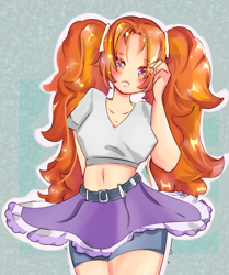 Size: 2007x2400 | Tagged: safe, artist:aemir-art, imported from derpibooru, adagio dazzle, human, adoragio, belly button, belt, clothes, compression shorts, cute, female, humanized, looking at you, midriff, open mouth, pigtails, short shirt, skirt, solo, twintails