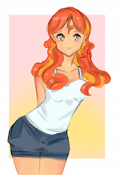 Size: 1280x1901 | Tagged: safe, artist:aemir-art, imported from derpibooru, sunset shimmer, human, alternate hairstyle, clothes, cute, female, humanized, shimmerbetes, shorts, smiling, solo, tanktop