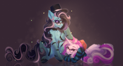 Size: 3706x2000 | Tagged: safe, artist:muna, imported from derpibooru, oc, oc only, oc:med, oc:purapoint, earth pony, pony, unicorn, belly fluff, blue pony, chest fluff, christmas, clothes, cute, earth pony oc, female, friendship, glasses, happy, hat, holiday, horn, looking at each other, looking at someone, male, mare, ocbetes, pat, patting, santa hat, smiling, smiling at each other, socks, stallion, striped socks, stripes, top hat, unicorn oc