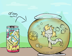 Size: 626x487 | Tagged: safe, artist:cherro, imported from derpibooru, oc, oc only, oc:flo, sea pony, arizona iced tea, can, fish bowl, food, ice, lemon, solo