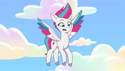 Size: 3410x1920 | Tagged: safe, imported from derpibooru, screencap, zipp storm, pegasus, pony, spoiler:g5, spoiler:my little pony: tell your tale, spoiler:tyts01e22, female, flying, g5, high res, mare, my little pony: tell your tale, open mouth, slim, solo, spread wings, wings, youtube link, zipp's yes day