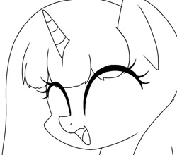 Size: 640x562 | Tagged: safe, artist:namaenonaipony, imported from derpibooru, oc, oc only, oc:aqua twinkie, pony, unicorn, ^^, black and white, bust, eye clipping through hair, eyes closed, female, grayscale, horn, mare, monochrome, open mouth, open smile, portrait, simple background, smiling, solo, white background