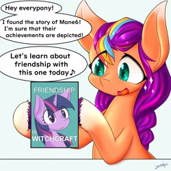 Size: 4096x4096 | Tagged: safe, artist:zemlya, imported from derpibooru, sunny starscout, twilight sparkle, earth pony, pony, friendship is witchcraft, coat markings, dialogue, english, eye clipping through hair, female, g5, hoof hold, looking at something, mare, music notes, open mouth, open smile, simple background, smiling, socks (coat markings), sparkles, speech bubble, this will end in tears, uh oh, white background