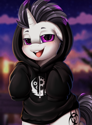 Size: 2601x3549 | Tagged: safe, artist:pridark, imported from derpibooru, part of a set, oc, oc only, oc:haze rad, pony, unicorn, bedroom eyes, bipedal, blushing, bottomless, brotherhood of steel, clothes, commission, detailed background, eyebrows, floppy ears, gift art, high res, highlights, hoodie, horn, lidded eyes, looking at you, male, mohawk, open mouth, open smile, oversized clothes, partial nudity, purple eyes, smiling, solo, stallion, unicorn oc, ych result