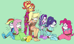 Size: 4242x2542 | Tagged: safe, artist:bugssonicx, imported from derpibooru, part of a set, applejack, fluttershy, pinkie pie, rainbow dash, rarity, starlight glimmer, sunset shimmer, human, equestria girls, blonde, blonde hair, bondage, bound and gagged, chair, cloth gag, clothes, feet, footed sleeper, footie pajamas, gag, hair over one eye, human starlight, human sunset, humane five, infiltration, lace, looking back, muffled moaning, muffled words, nightgown, onesie, over the nose gag, pajamas, part of a series, pigtails, pocket, pockets, ponytail, rainbond dash, sleepover, slumber party, socks, teary eyes, tied up, twintails