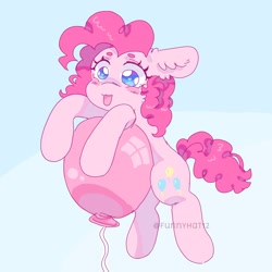 Size: 2000x2000 | Tagged: safe, artist:funnyhat12, imported from derpibooru, pinkie pie, earth pony, pony, balloon, ear fluff, floating, floppy ears, flying, solo, then watch her balloons lift her up to the sky, tongue out