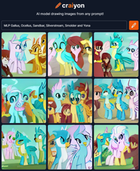 Size: 760x926 | Tagged: safe, imported from derpibooru, gallus, ocellus, sandbar, silverstream, smolder, yona, changedling, changeling, classical hippogriff, dragon, earth pony, griffon, hippogriff, pony, yak, ai content, ai generated, female, generator:craiyon, male, student six, teenager