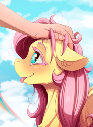 Size: 1095x1488 | Tagged: safe, artist:alcor, imported from derpibooru, fluttershy, human, pony, behaving like a dog, blushing, ear fluff, human on pony petting, offscreen character, petting, rainbow, sky background, sternocleidomastoid, tongue out