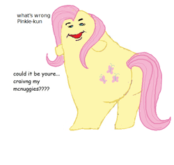 Size: 554x528 | Tagged: safe, artist:flipflop10150, imported from derpibooru, fluttershy, abomination, butt, commission, crossover, cursed image, flutterbutt, grimace (mcdonald's), implied flutterpie, implied lesbian, implied pinkie pie, mcdonald's, mcnuggies, meme, not salmon, offscreen character, plot, ponified meme, simple background, solo, wat, what has science done, white background