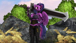 Size: 3840x2160 | Tagged: safe, artist:nightmarezoroark, imported from derpibooru, oc, oc only, oc:midnight sparkle, alicorn, anthro, 3d, clothes, pinup, source filmmaker, sword, weapon