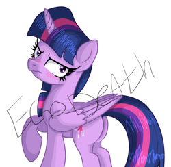 Size: 966x942 | Tagged: safe, artist:egodeath, imported from derpibooru, twilight sparkle, alicorn, pony, angry, blushing, butt, obtrusive watermark, plot, simple background, solo, twibutt, twilight sparkle (alicorn), watermark, white background