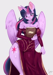 Size: 1995x2812 | Tagged: safe, artist:mrscurlystyles, imported from derpibooru, twilight sparkle, alicorn, anthro, adorasexy, bare shoulders, big breasts, book, breasts, busty twilight sparkle, cleavage, clothes, cute, detached sleeves, dress, female, sexy, side slit, smiling, solo, stupid sexy twilight, thighs, total sideslit, twilight sparkle (alicorn)