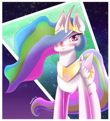 Size: 1024x1127 | Tagged: safe, artist:meepars, imported from derpibooru, princess celestia, alicorn, pony, curved horn, female, horn, solo, unintentionally creepy