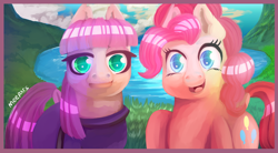 Size: 1300x720 | Tagged: safe, artist:meepars, imported from derpibooru, maud pie, earth pony, pony, duo, female, looking at you, open mouth, siblings, sisters, smiling