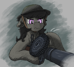 Size: 2192x1992 | Tagged: safe, artist:reddthebat, imported from derpibooru, octavia melody, earth pony, pony, britavia, brodie helmet, chest fluff, female, frog (hoof), gun, helmet, lewis gun, machine gun, mare, solo, underhoof, weapon, world war i