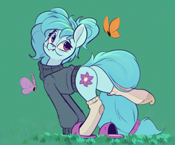 Size: 1208x999 | Tagged: safe, artist:rexyseven, imported from derpibooru, oc, oc:whispy slippers, butterfly, earth pony, pony, clothes, female, mare, slippers, socks, solo