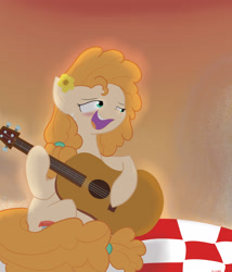 Size: 3000x3500 | Tagged: safe, artist:reinbou, imported from derpibooru, pear butter, earth pony, pony, the perfect pear, guitar, light, musical instrument, singing, solo