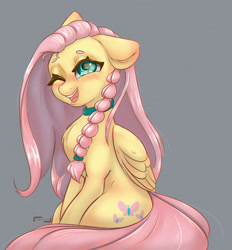 Size: 1200x1293 | Tagged: safe, artist:inkypuso, imported from derpibooru, fluttershy, pegasus, pony, alternate hairstyle, blushing, braid, braided ponytail, cute, female, floppy ears, folded wings, gray background, happy, mare, one ear down, one eye closed, open mouth, open smile, shyabetes, signature, simple background, sitting, smiling, solo, wings