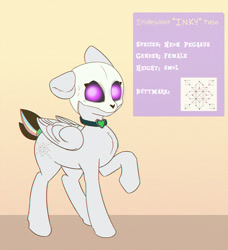 Size: 1000x1096 | Tagged: safe, artist:inkypuso, imported from derpibooru, oc, oc only, pegasus, pony, cutie mark, female, floppy ears, folded wings, gradient background, looking at you, mare, one ear down, raised hoof, reference sheet, solo, wings