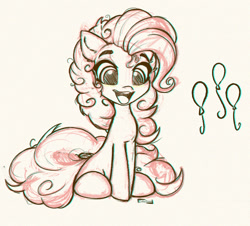 Size: 1000x903 | Tagged: safe, artist:inkypuso, imported from derpibooru, pinkie pie, earth pony, pony, female, mare, monochrome, open mouth, open smile, signature, simple background, sitting, sketch, smiling, solo