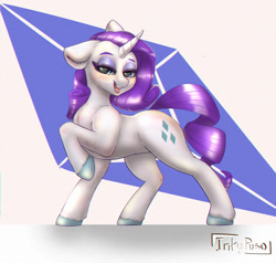 Size: 1200x1142 | Tagged: safe, artist:inkypuso, imported from derpibooru, rarity, pony, unicorn, cutie mark, cutie mark background, eyeshadow, female, floppy ears, horn, lidded eyes, looking at you, makeup, mare, one ear down, open mouth, raised hoof, signature, simple background, solo, white background