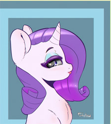 Size: 750x838 | Tagged: safe, artist:inkypuso, imported from derpibooru, rarity, pony, unicorn, bedroom eyes, blue background, bust, cute, eyeshadow, female, horn, lidded eyes, lipstick, looking at you, makeup, mare, portrait, profile, raribetes, signature, simple background, solo