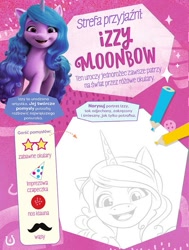 Size: 595x788 | Tagged: safe, imported from derpibooru, izzy moonbow, pony, unicorn, abstract background, activity sheet, colored pencils, facial hair, female, g5, glasses, hat, horn, lineart, magazine, mare, moustache, open mouth, open smile, party hat, polish, smiling, solo, sparkles, star glasses, sunglasses